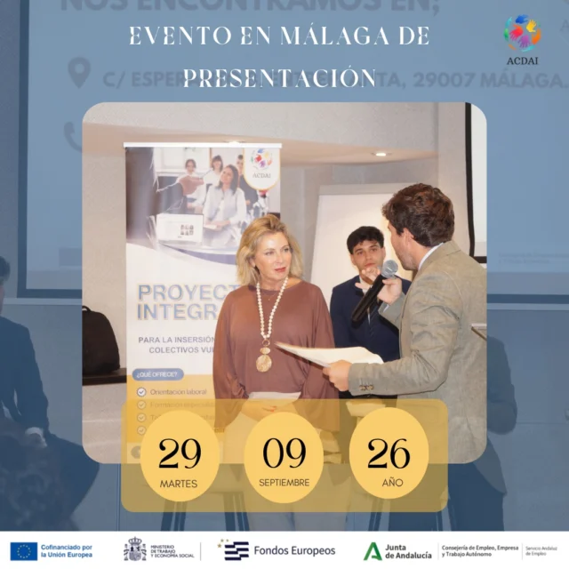 ✨ ¡Compartimos el éxito de nuestra jornada en Málaga! ✨Desde la Asociación ACDAI nos complace compartir el éxito del encuentro celebrado el pasado 29 de septiembre en el Hotel ILUNION Málaga con motivo de la presentación del Programa Proyectos Integrales para la Inserción Laboral de Colectivos Vulnerables. 🤝📍 Una jornada en la que pusimos en valor la importancia de la orientación, la formación y la inserción laboral como herramientas para generar nuevas oportunidades y favorecer el acceso al empleo. 🎓💼🎤 Queremos agradecer especialmente las excepcionales ponencias de:👩💼 Carmen Sánchez Sierra, delegada territorial de la Consejería de Empleo, Empresa y Trabajo Autónomo, y de Inteligencia Artificial, Desarrollo Digital y Administración Pública en Málaga.🚗 Nacho Vázquez, empresario del sector de la automoción, por compartir con los asistentes su experiencia y visión desde el ámbito empresarial.👏 Gracias también a todas las personas, entidades y profesionales que nos acompañaron y contribuyeron a hacer de esta jornada un espacio de encuentro, aprendizaje y nuevas oportunidades.💙 Desde ACDAI seguimos trabajando para acompañar a las personas, impulsar su formación y facilitar su camino hacia la inserción laboral.#ACDAI #ProgramaIntegrales #InserciónLaboral #Empleo #Formación
