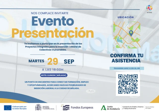 📢 MÁLAGA | PRESENTACIÓN DE LOS PROYECTOS INTEGRALESTe invitamos a conocer los Proyectos Integrales para la Inserción Laboral de Colectivos Vulnerables, una iniciativa que conecta formación, empleo y nuevas oportunidades.🤝 Un encuentro para conocer de cerca el proyecto, sus oportunidades y las vías para favorecer la inserción laboral en Málaga.📅 Martes, 29 de septiembre
🕕 18:00 h
📍 Hotel ILUNION Málaga👉 CONFIRMA TU ASISTENCIA
Puedes hacerlo pulsando en el enlace o escaneando el QR.🔗 https://forms.gle/E4UQDhMa9ygDDqSd7📌 ¡Te esperamos!#ProyectosIntegrales #InserciónLaboral #Empleo #Formación #Málaga #ColectivosVulnerables #Oportunidades #empleabilidad