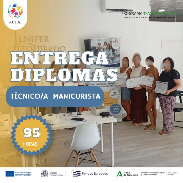 💅 ¡FINALIZA EL CURSO DE TÉCNICO/A MANICURISTA!Celebramos la finalización de la formación Técnico/a Manicurista – 95 horas, una oportunidad para adquirir y reforzar conocimientos profesionales en el sector de la estética y la manicura.🎓 95 horas de formación especializada
💼 Formación orientada a mejorar las oportunidades de inserción laboral
✨ Nuevos conocimientos y competencias profesionales para avanzar hacia el empleo.Esta formación ha sido posible gracias al Programa Proyectos Integrales para la Inserción Laboral de Colectivos Vulnerables, ejecutado por ACDAI en Cádiz.👏 ¡Enhorabuena a todas las personas participantes por completar esta formación y seguir avanzando en su camino profesional!#ACDAI #Cádiz #Formación #Empleo #InserciónLaboral #Manicura #Estética #FormaciónProfesional #ProyectosIntegrales #ColectivosVulnerables #Andalucía