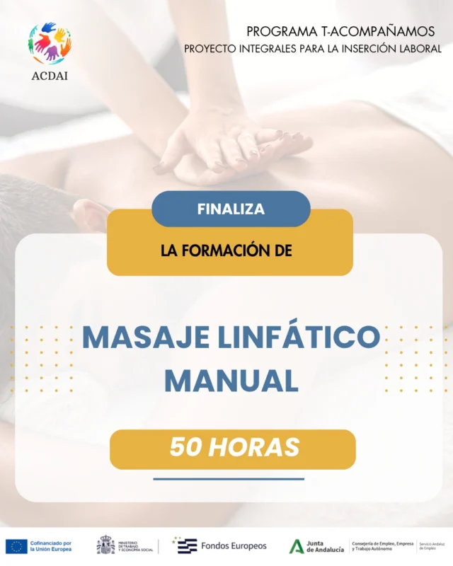 💆‍♀️ ¡Finaliza el curso de Profesional de Masaje Linfático Manual en Cádiz!Desde ACDAI ponemos punto final a esta formación de 50 horas, en la que el alumnado ha podido adquirir nuevos conocimientos y desarrollar competencias profesionales en el ámbito del masaje linfático manual.Esta formación se ha desarrollado gracias al Programa Proyectos Integrales para la Inserción Laboral de Colectivos Vulnerables, que estamos ejecutando en Cádiz, contribuyendo a mejorar las competencias profesionales y las oportunidades de inserción laboral de las personas participantes.👏 ¡Enhorabuena a todo el alumnado por su esfuerzo y dedicación!
#ACDAI #Formación #Cádiz #MasajeLinfático #FormaciónProfesional #InserciónLaboral #ProgramaIntegralesVulnerables #ColectivosVulnerables.