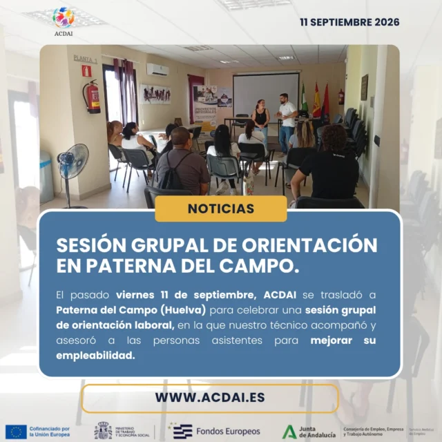 🚀 ACDAI impulsa nuevas oportunidades laborales en Paterna del CampoEl pasado viernes 11 de septiembre, desde ACDAI nos trasladamos hasta Paterna del Campo (Huelva) para realizar una sesión grupal de orientación laboral.Nuestro técnico acompañó y asesoró a las personas asistentes, aportando herramientas y recursos para mejorar su empleabilidad y avanzar en su camino hacia el empleo.#ACDAI #OrientaciónLaboral #Empleo #Empleabilidad #InserciónLaboral