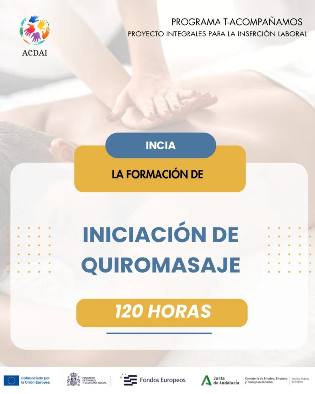 💆♀️ ¡Comenzamos nueva formación en Málaga capital! 📚✨Hoy damos inicio al curso de Iniciación de Quiromasaje, una formación de 120 horas que permitirá a las personas participantes adquirir nuevos conocimientos y desarrollar competencias para impulsar su camino hacia el empleo.Esta formación se desarrolla gracias al Programa Integrales para la Inserción Laboral de Colectivos Vulnerables (Programa Integrales Vulnerables), una iniciativa que apuesta por la orientación, la formación y la inserción laboral. 🤝🎓 120 horas de formación
📍 Málaga capital
💯 Formación 100% gratuita y becada al finalizar la formación.Seguimos acercando oportunidades de formación que contribuyen a mejorar la empleabilidad y abrir nuevas posibilidades profesionales. 🚀#ProgramaIntegrales #Formación #Quiromasaje #Málaga #InserciónLaboral